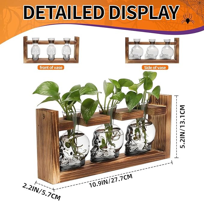 Terrarium Propagation Station, Skull Glass Vases, 3-Piece Set with Wood Stand