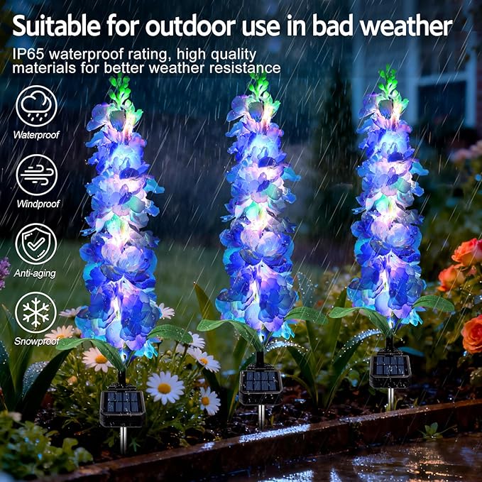 Solar Garden Lights, Solar Blue Delphinium Flowers Lights 8 Pack 160 LEDs, Waterproof Outdoor Light Two Lighting Modes for Outside Wedding Party Garden Yard Patio Lawn Decor