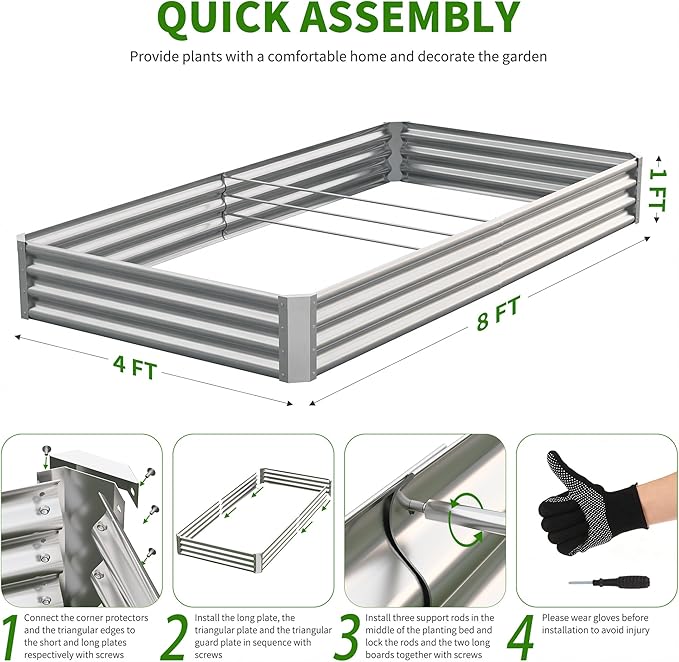 Galvanized Raised Garden Bed,Outdoor Planter Box Metal Patio Kit Planting Bed for Vegetables Flowers Herb (Galvanized, 8x4x1ft-2p)
