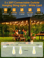 50FT(2x25FT) Outdoor String Lights, Patio Lights with 20+2 LED Dimmable Waterproof ST38 Vintage Bulbs for Wedding Garden Party Decor, White