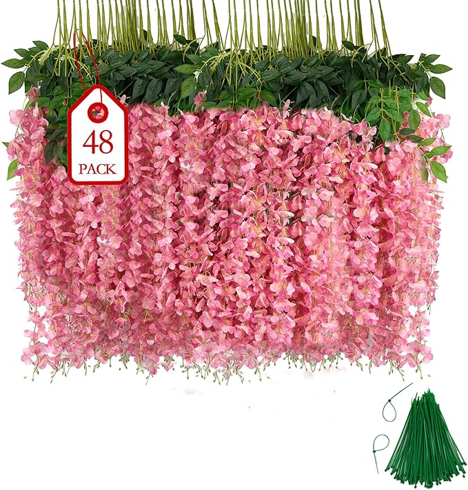 Artificial Flowers: Pink Wisteria Vines, 48 Pack, Plastic