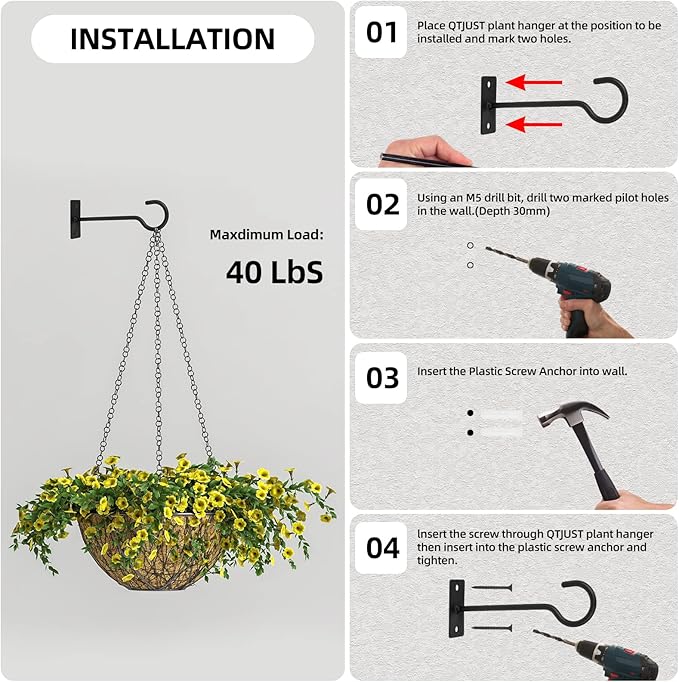 4Pack 6inch Wall Hook for Hanging Plant Bracket Metal Plant Hook