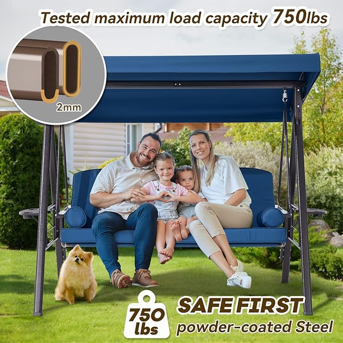 3 in 1 Outdoor Porch Swing with Adjustable Canopy, 3 Seat Outdoor Swing for Adults, Patio Swing Chair with Thickened Cushions,Pillows & Cup Holders for Backyard, Porch, Garden (Blue)