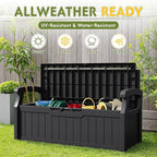Greesum 80 Gallon Outdoor Storage Bench Deck Box with Cushion & Armrest, Lockable, Waterproof UV Resistant, Comfortable Seating for Patio, Pool, Garden, Black