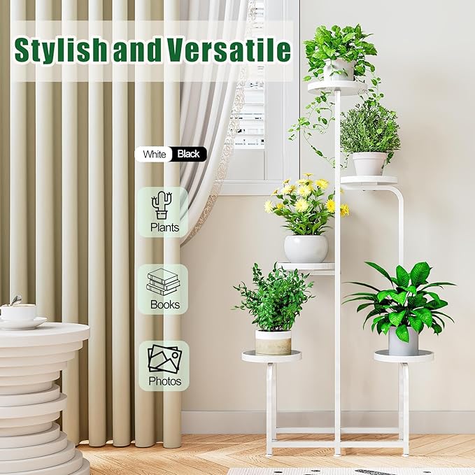 Plant Stand Indoor Outdoor 5 Tier Metal Plant Shelf for Multiple Plants Corner Flower Holders for Living Room Balcony Bedroom Patio Garden, Black (White, 5-Tier)