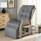 Outdoor Recliner with Adjustable Back and Footrest, Patio 150° Lay Flat Recliner with Flip Table Wicker Reclining Lounge Chair, Grey with Beige Wicker