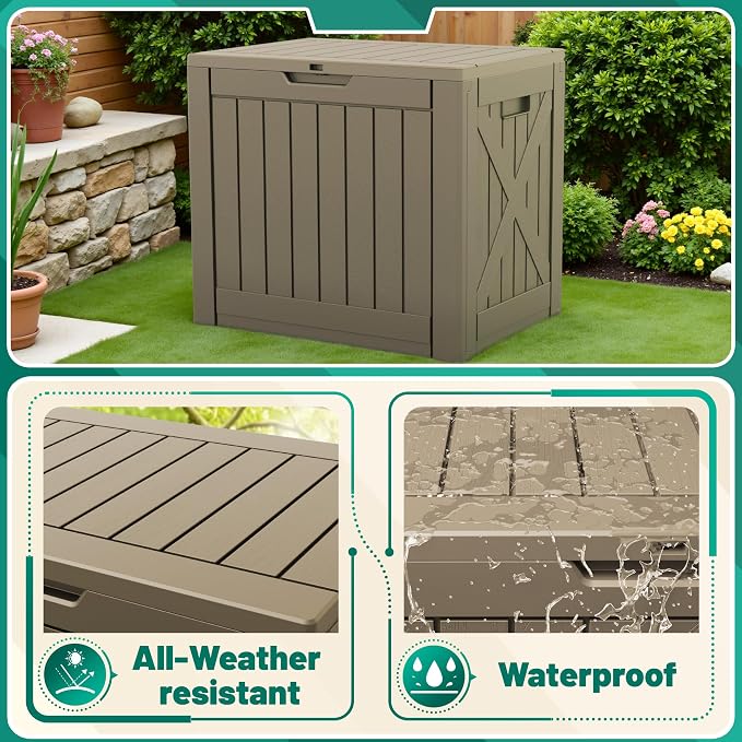 Deck Box 40 Gallon Lockable Outdoor Storage Bench, Brown Polypropylene