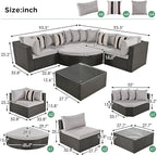 Merax 7-Piece Outdoor Wicker Sectional Sofa Set,Modular Rattan Conversation Set with Gray Cushions,Striped Green Pillows & Tempered Glass Coffee Table for Patio,Garden,Deck,Brown