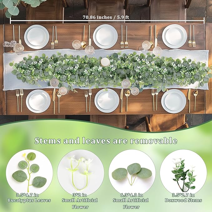 Artificial Eucalyptus Garland with White Blooms, 2 Pieces, 6 Ft Long