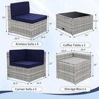8-Piece Patio Furniture Set, Outdoor Wicker Rattan Sectional with Thick Cushions, Glass Top Table with Hidden Storage, Outdoor Conversation Set for Backyard, Porch, Patio, Blue