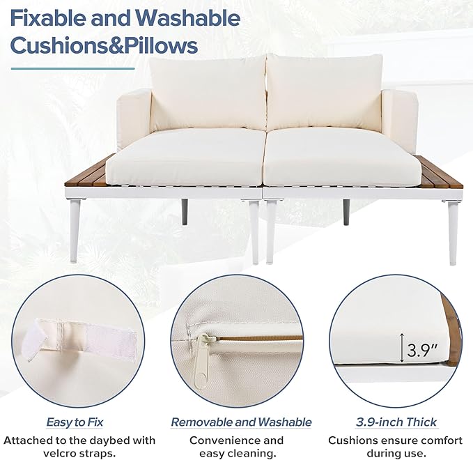 Outdoor Patio Metal Daybed with Wood Topped Side for Drinks, 2 in 1 Padded Chaise Lounge Chair with Cushions & Pillows, Outdoor Double Sun Lounger for Lawn Garden Poolside, Beige