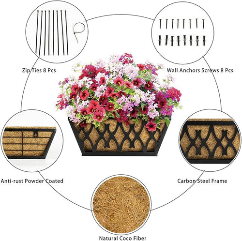 2 Pack 14 Inch Window Boxes Planters Railing Planter Box with Coco Liners Deck Railing Planter Boxes Balcony Hanging Flower Box for Outdoor Plants Garden Decor