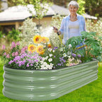 Galvanized Raised Garden Bed - 6×2×1ft Planter Raised Beds for Gardening | Oval Metal Garden Planter Box with Safety Edging and Gloves for Vegetables Fruits and Flower OliveGreen