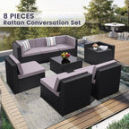 8-Piece Patio Furniture Set, Outdoor Wicker Rattan Sectional with Thick Cushions, Glass Top Table with Hidden Storage, Outdoor Conversation Set for Backyard, Porch, Patio, Light Grey