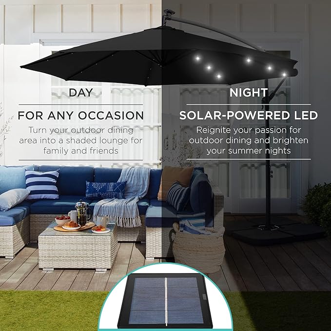 Best Choice Products 10ft Solar LED Offset Cantilever Hanging Market Patio Umbrella, 8 Sturdy Ribs, Easy Adjustment - Black