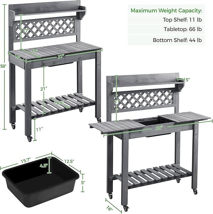 Yaheetech Potting Bench Table Outdoor Garden Potting Table Wooden Workstation w/Sliding Tabletop Removable Sink w/Storage Shelf Flower Pot Bench Mobile Garden Potting Bench Gray