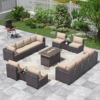 ALAULM Patio Furniture Set with Fire Pit Table 55000 BTU, Outdoor Sectional with Wide Seat and Thick Cushion, 15 Piece Wicker Rattan Conversation Set with Coffee Table for Garden, Deck, Sand