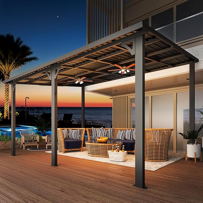 AECOJOY 14' x 10' Outdoor Hardtop Gazebo Pergola for Patio, 10x14 Large Galvanized Steel Heavy Duty Lean to Wall-Mounted Pergolas and Gazebos Clearance, Metal Patio Roof Awnings for Backyard, Decks