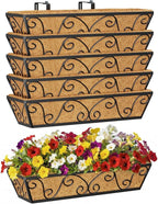 6pcs 24 Inch Window Deck with Coco Liner, 24" Window Boxes Horse Trough with Coconut Coir Liner, Metal Hanging Flower Planter Window Basket Deck Railing Planter Boxes for Outdoor Indoor Lawn