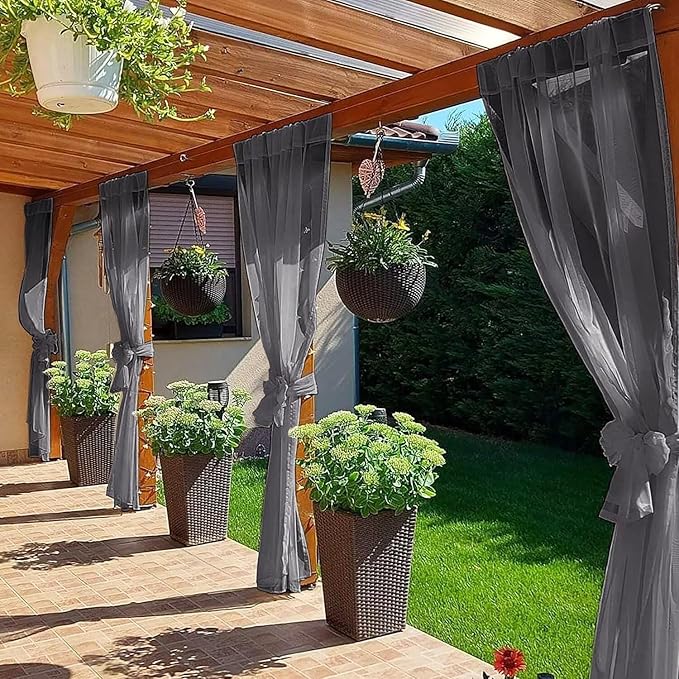 SpaceDresser Waterproof Outdoor Sheer Curtains for Patio - 2 Panels Rod Pocket Indoor Voile Sheer Curtain for Living Room,52W x 108L inch, Grey
