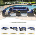 Aoxun 7 Piece Patio Furniture Set Wicker Rattan Patio Conversation Set Outdoor Sectional Sofa Set with Coffee Table and Thickened Cushions, Gray/Blue(Waterproof Cover Included)