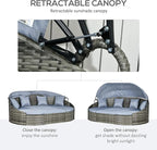 Outsunny 4-Piece Outdoor Rattan Furniture Set, Round Convertible Patio Daybed or Sunbed, Sectional Sofa with Canopy, Pillows, Cushions, Footrest, Table, PE Plastic Wicker, Light Gray