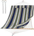 SUNCREAT Hammocks Outdoor Double Hammock with Hardwood Spreader Bar, Cotton Rope Hammock with Polyester Pad, Blue&Aqua