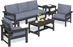 SERWALL HDPE Patio Furniture Set, 7-piece Outdoor Sectional Sofa Set, All Weather Outdoor Couch Set for Deck, Lawn, Black Frame with Grey Cushion