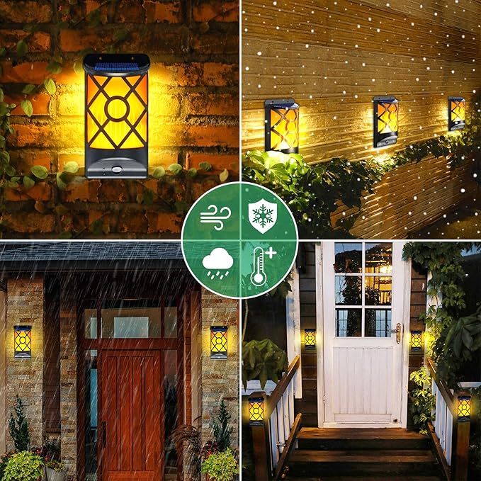 Wall Lights 6 Pack Black Solar Flame Lanterns, Waterproof Outdoor
