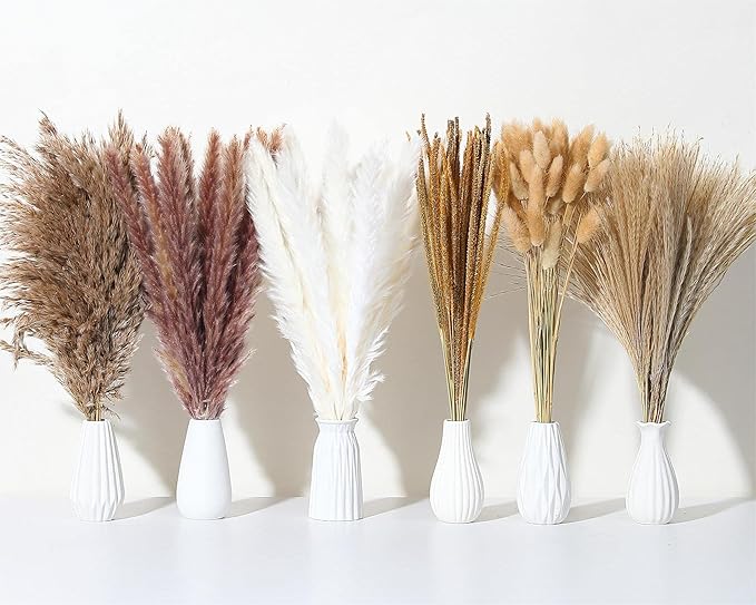 Dried Pampas Grass Bundle, 135 Pieces, Neutral Tones for Home Decor