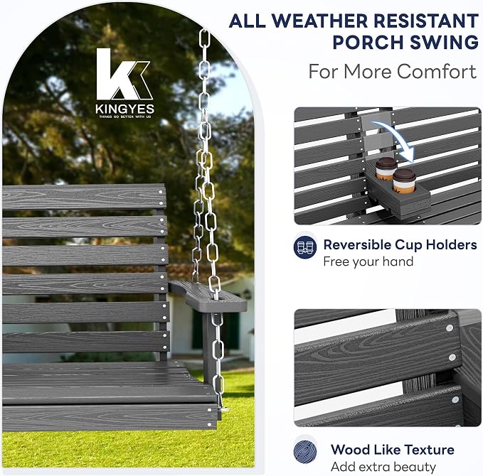 Porch Swing, 2-Seat HDPE Patio Bench with Flip-Down Cup Holder, Gray