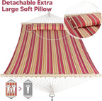 SUNCREAT Double Hammock Quilted Fabric Swing with Spreader Bar, Detachable Pillow, 55” x79” Large Hammock, Red Stripes