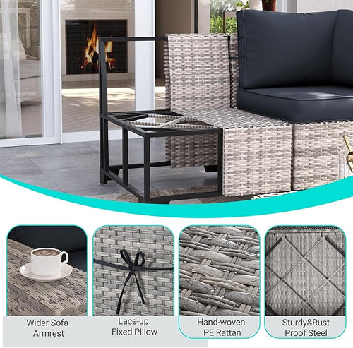 15-Piece Outdoor Patio Furniture Set with Rocking Swivel Chair Wicker Sectional Sofa Set, Patio Conversation Set with Thickened Cushions & Coffee Table for Garden, Backyard, Dark Grey