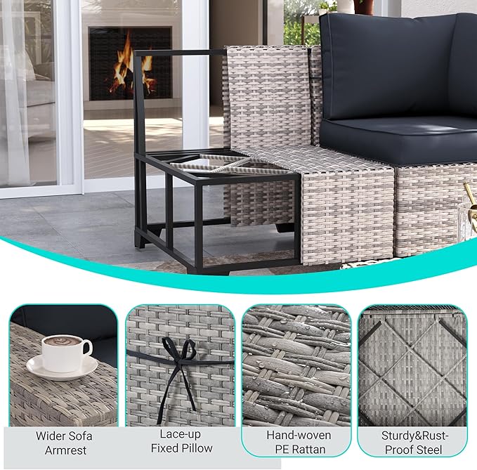 9-Piece Outdoor Patio Furniture Set with 55,000 BTU Fire Pit Table, PE Wicker Rattan Sectional Sofa Patio Conversation Set with Ottomans & Coffee Table, Dark Grey