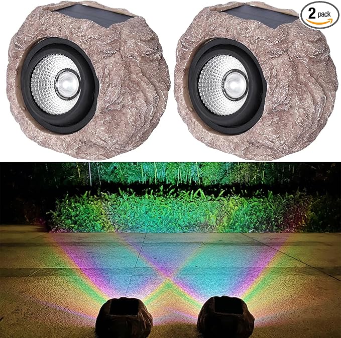 Solar Rock Lights Outdoor Waterproof, 2 Pack LED Colored Garden Rock Solar Light, Stone Statue Bright Solar Spot Light for Path, Yard, Patio, Lawn, Porch, Yard Decor.