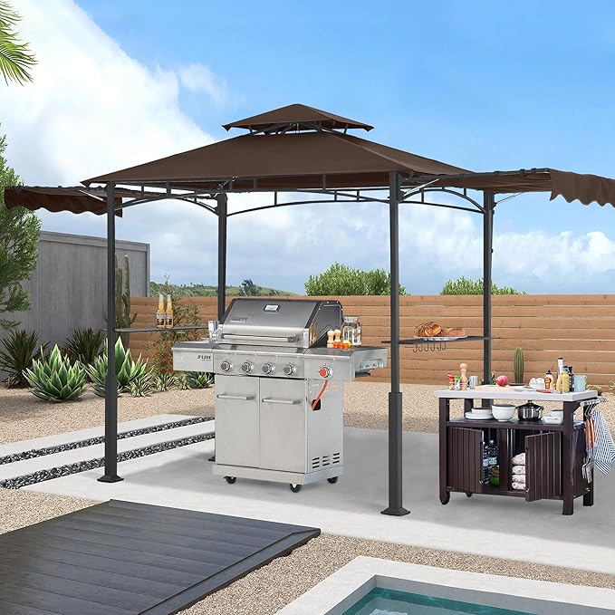 ABCCANOPY Grill Gazebo with 2 Side Awnings - 14x5 Outdoor BBQ Canopy Shelter with 2 Led Lights for Patio Backyard Grilling (Brown)
