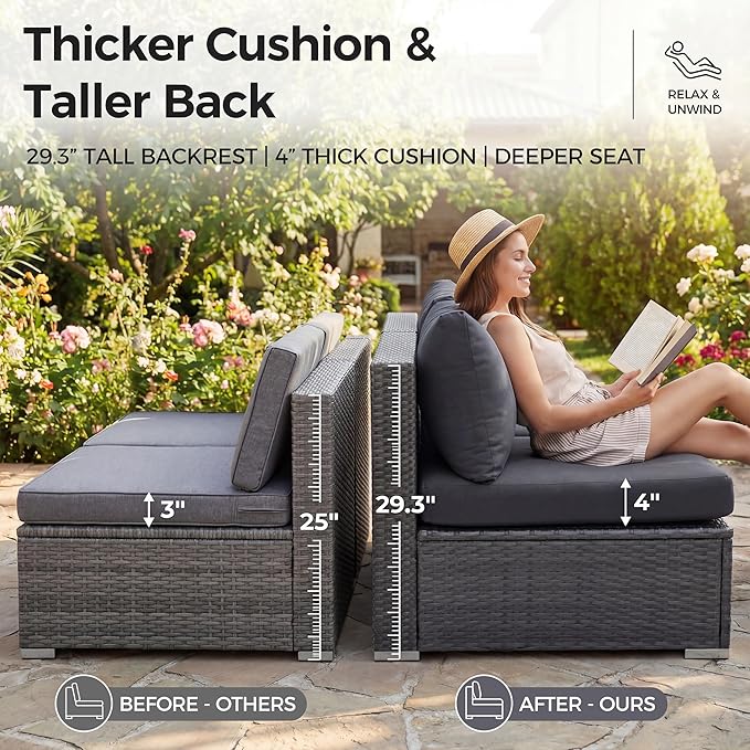 NICESOUL 11 Piece Modern Outdoor Furniture Sofa Set, Extra Large Size Wicker Patio Modular Sectionals, 29.3'' High Back All-Weather Conversations, Deep Wide Seats Sofa Couches for Backyard Deck, Grey