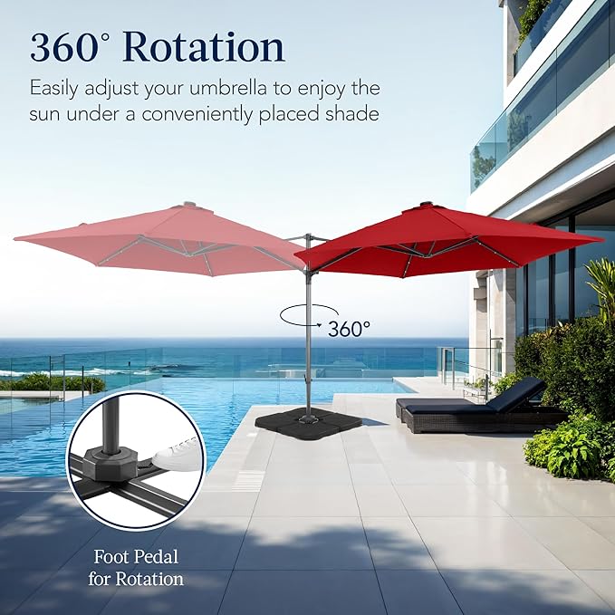 Best Choice Products 10ft Solar LED Offset Cantilever Hanging Market Patio Umbrella, Smooth 360° Rotation, 8 Sturdy Ribs, Easy Adjustment - Red