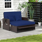 LDAILY Moccha Outdoor Daybed, Wicker Loveseat Sofa Set with 4-Postion Adjustable Backrest, Storage Ottoman, Cushions, Rattan Double Bed Lounger, Patio Furniture Set (Navy)