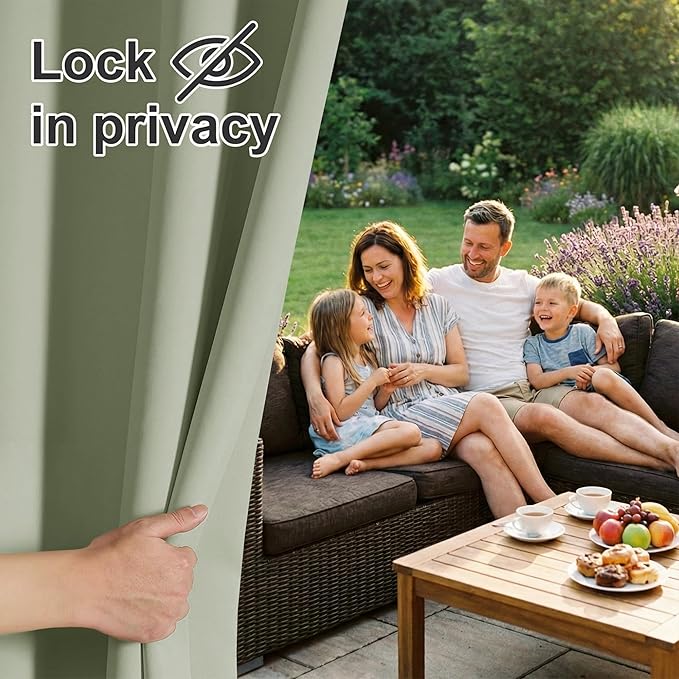 RYB HOME Outdoor Curtains for Patio Waterproof Block Sunlight Thermal Insulated Privacy Assured Thick Outside Curtains for Deck, Balcony, Pool, W52 x L63, Sage Green, 1 Panel