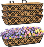 HFHOME 24 Inch Window Deck with Coco Liner, 24" Window Boxes Horse Trough with Coconut Coir Liner, Black Metal Hanging Flower Planter Basket Railing Planter for Outdoor Indoor Lawn - 4 Pack