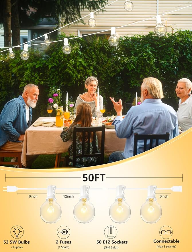 String Lights, 50 Ft Connectable Globe Patio Lights with 53 Clear G40 Bulbs