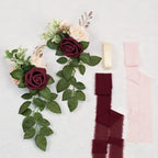 Artificial Flowers Pew Decor, Set of 10 Burgundy with Ribbon Ties