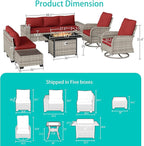 10-Piece Outdoor Patio Furniture Set with Rocking Swivel Chair, PE Wicker Rattan Sectional Sofa Patio Conversation Set with 55,000 BTU Fire Pit Table & Coffee Table, Red
