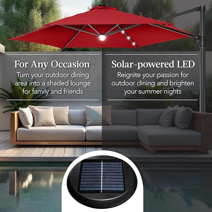 Best Choice Products 10ft Solar LED Offset Cantilever Hanging Market Patio Umbrella, Smooth 360° Rotation, 8 Sturdy Ribs, Easy Adjustment - Red