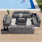 ALAULM 13 Pieces Outdoor Patio Furniture Set with Propane Fire Pit Table Outdoor Sectional Sofa Sets Patio Furniture 43" Gas Fire Pit Brown PE Rattan Patio Conversation Set w/10 Cushions (Grey)