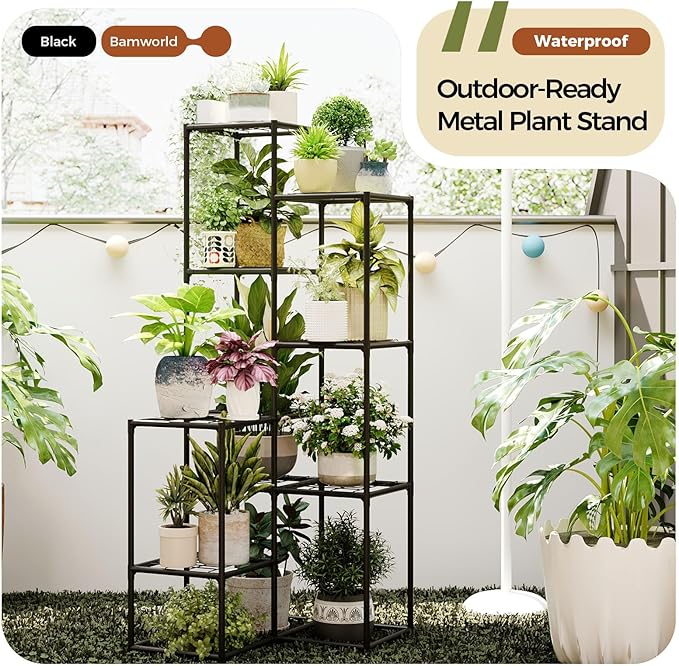 Bamworld Black Plant Stand Indoor Outdoor Corner Plant Shelf 54.7" Tall Plant Table Metal Large Plant Holder for Multiple Plants Patio Balcony Garden Office Home Decor