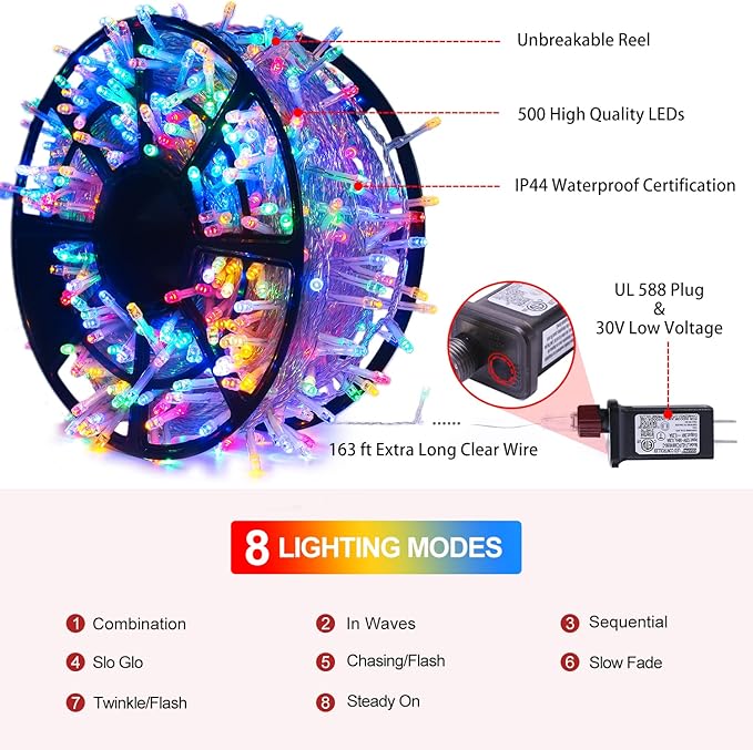 String Lights 163 ft 500 LED Multicolor for Outdoor Use