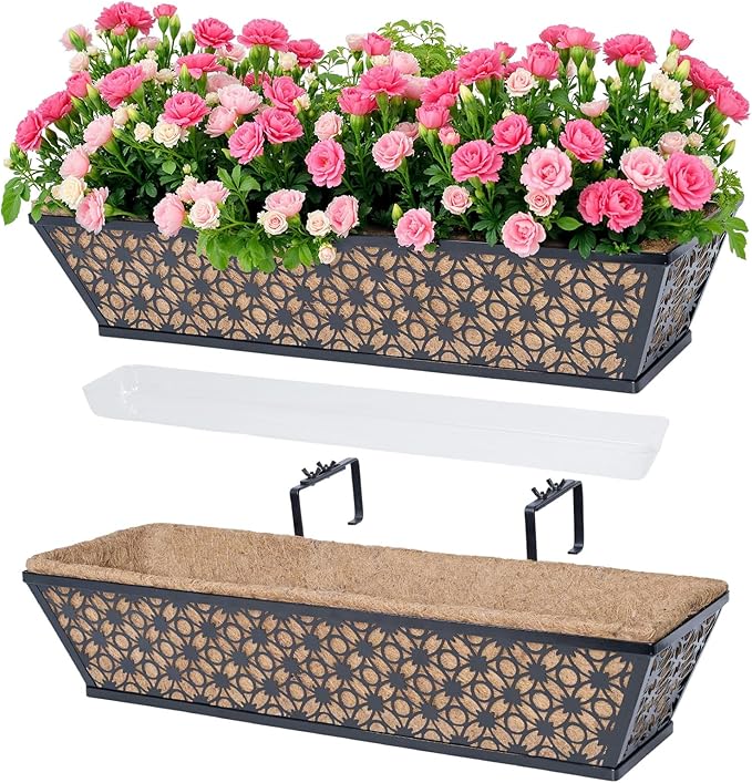 hehimhis 24 Inch 2 Pack Railing Planter Box with Adjustable Bracket,Window Planter Boxes Outdoor for Porch,Balcony Planters Railing Hanging,Fence,Patio Hanging Planters for Garden