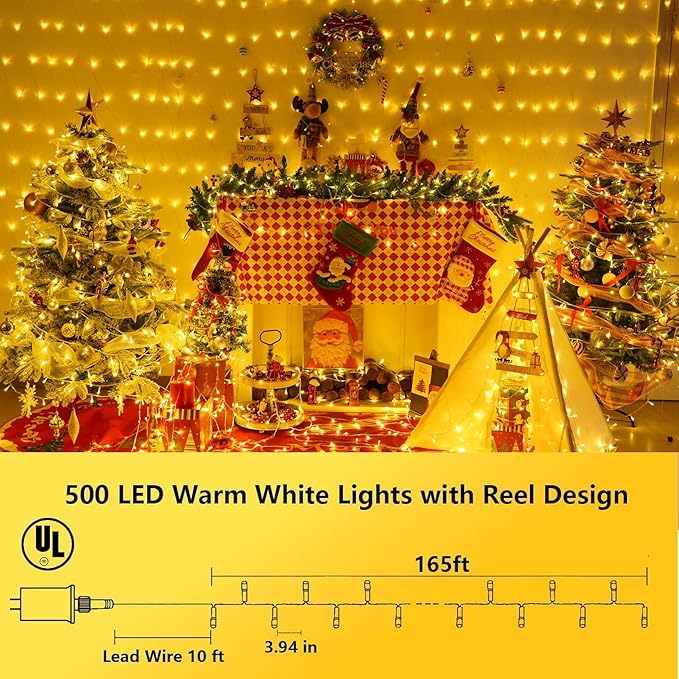 String Lights, 165 ft 500 LED Warm White Outdoor Lights with 8 Modes